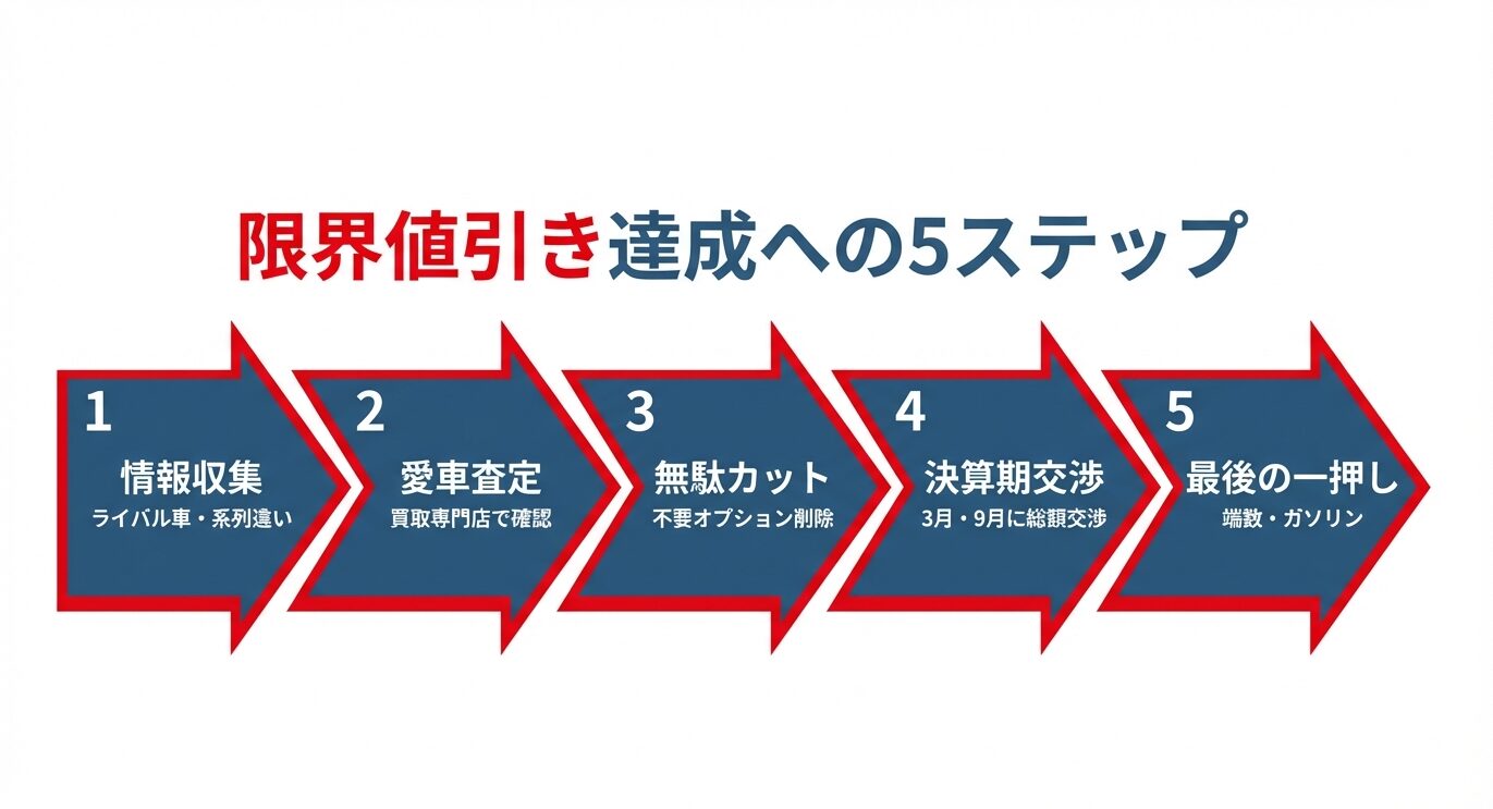 情報収集、愛車査定、無駄カット、決算期交渉、最後の一押しという5つの段階を示したプロセスチャート